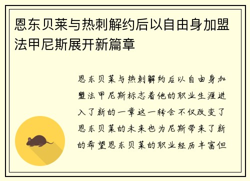 恩东贝莱与热刺解约后以自由身加盟法甲尼斯展开新篇章