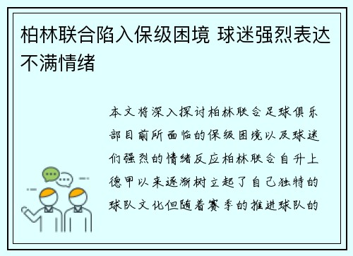 柏林联合陷入保级困境 球迷强烈表达不满情绪 柏林联合陷入保级困境 球迷强烈表达不满情绪