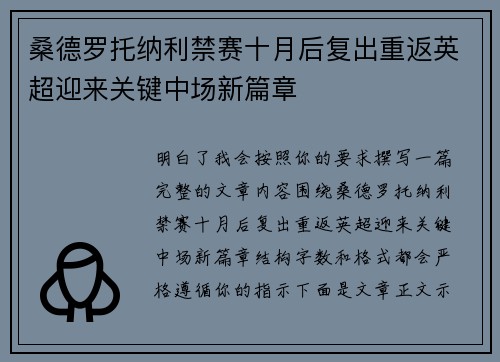 桑德罗托纳利禁赛十月后复出重返英超迎来关键中场新篇章